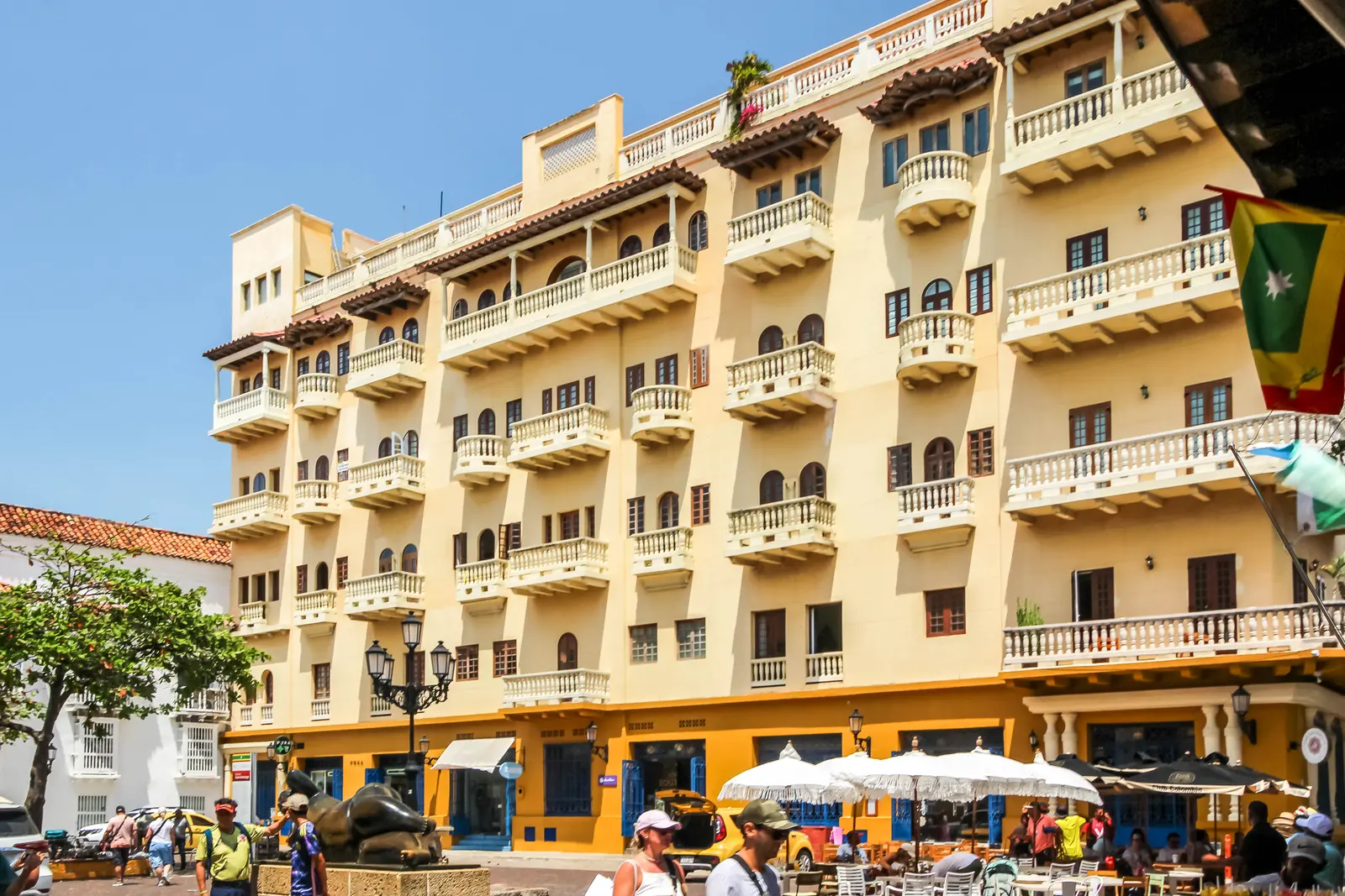 A colourful plaza in the colonial old town of Cartagena de Indias, Colombia.