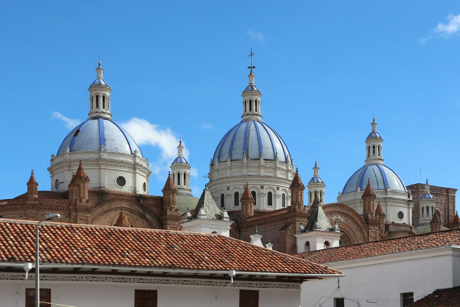 The blue domes of the New Cathedral in Cuenca, Ecuador.