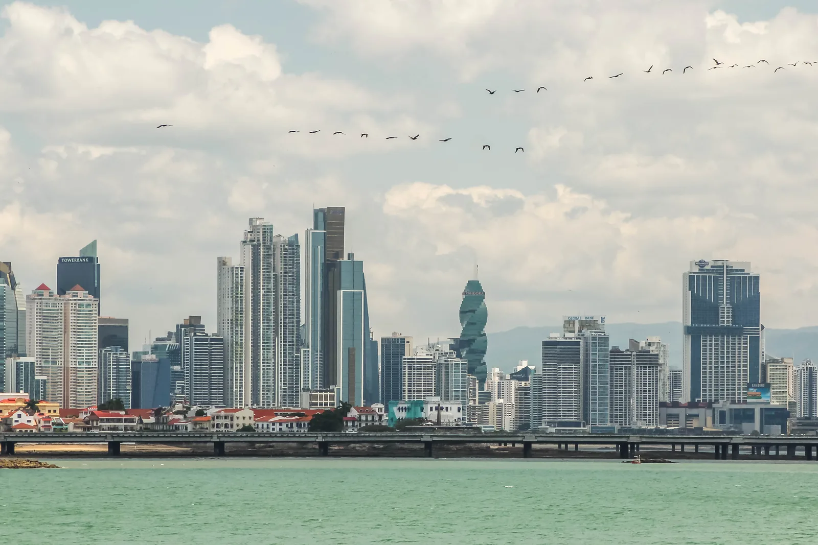 The Panama City skyline across the bay, Panama.